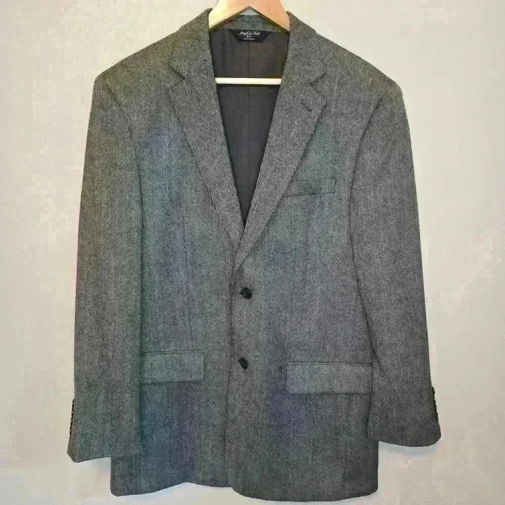 100% Lambswool Joseph & Feiss Men's Blazer Sports Coat 44R Gray Herringbone